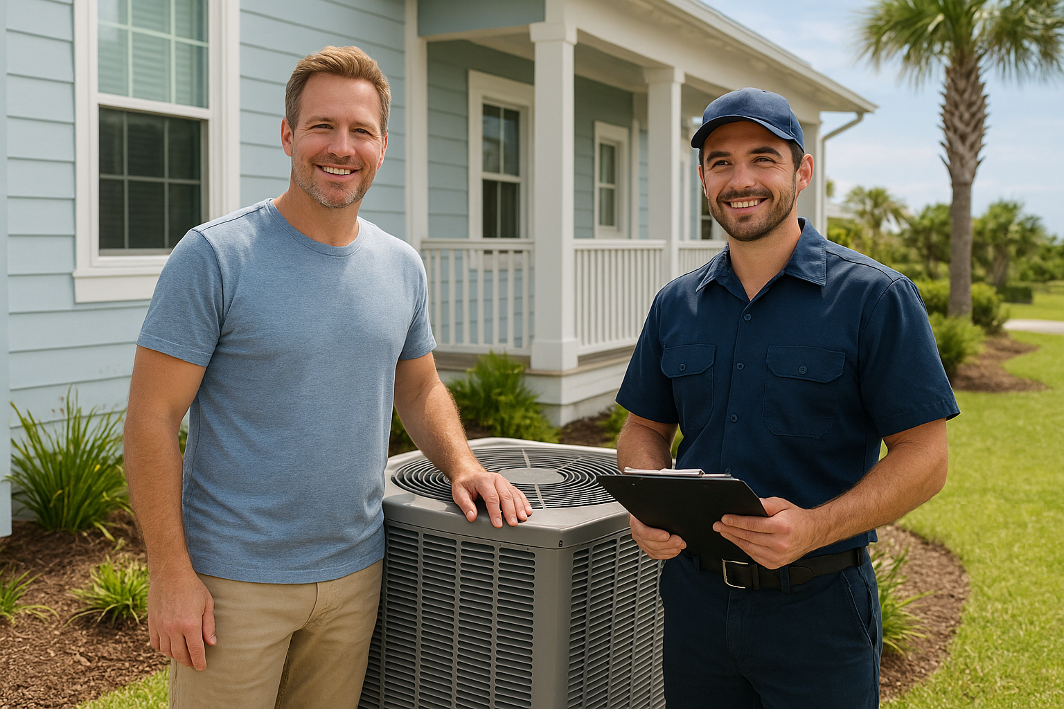 Freeport homeowner with HVAC technician near an outdoor AC unit